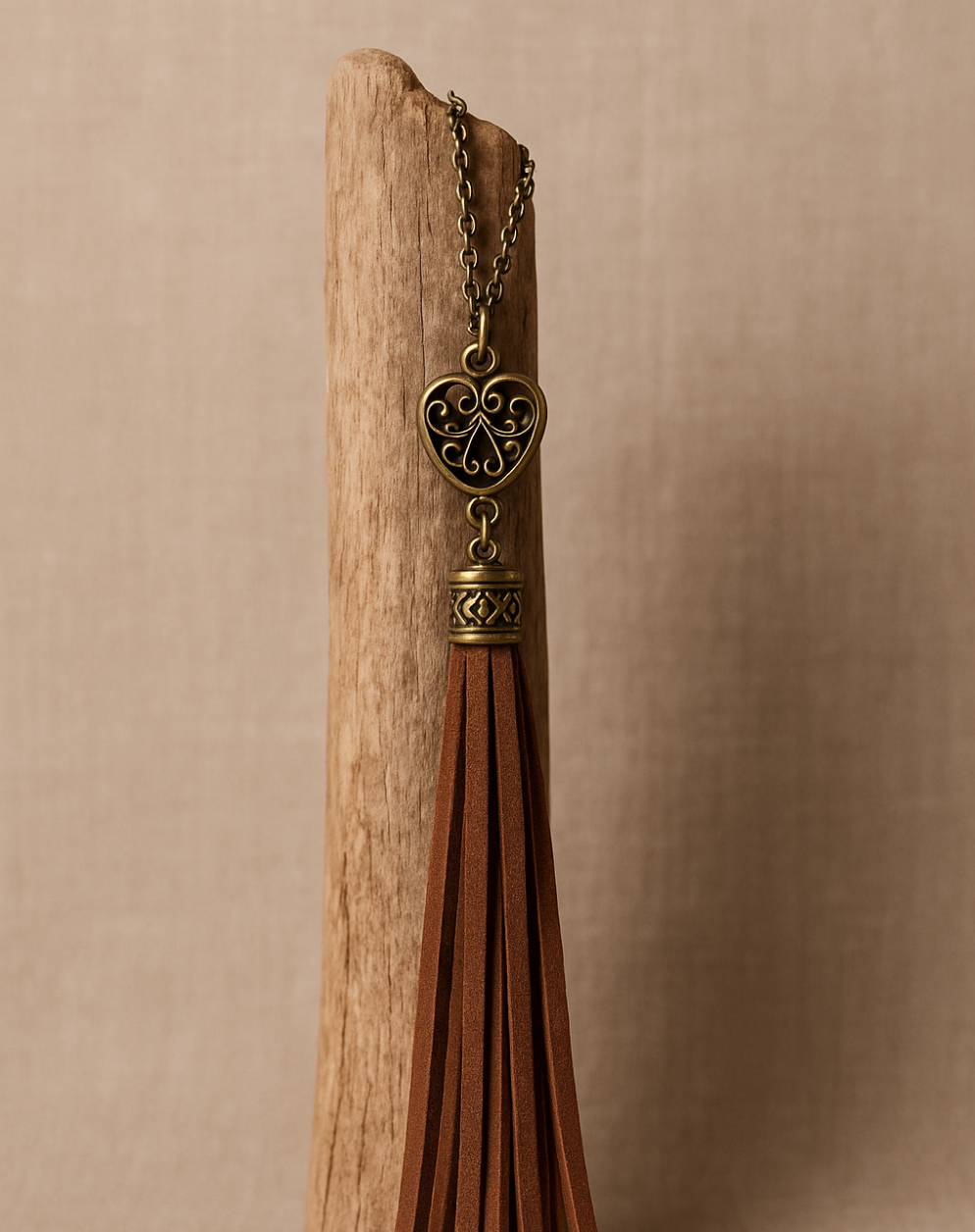Boho Tassel Pendant Necklace, Rustic Bronze Chain, Suede Fringe