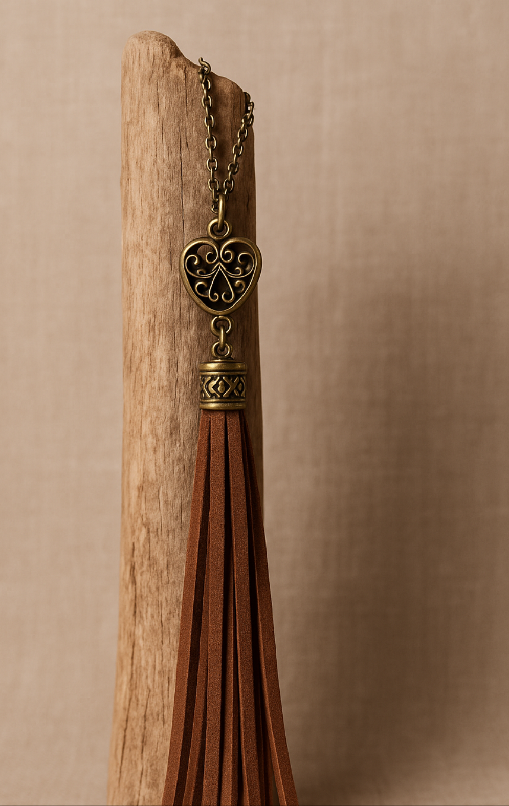 Boho Tassel Pendant Necklace, Rustic Bronze Chain, Suede Fringe