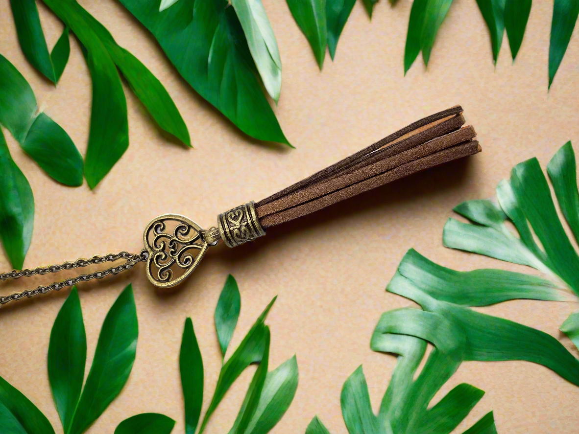 Boho Tassel Pendant Necklace, Rustic Bronze Chain, Suede Fringe