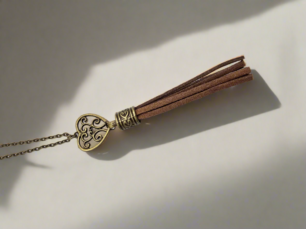 Boho Tassel Pendant Necklace, Rustic Bronze Chain, Suede Fringe
