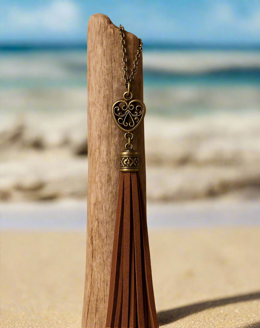 Boho Tassel Pendant Necklace, Rustic Bronze Chain, Suede Fringe