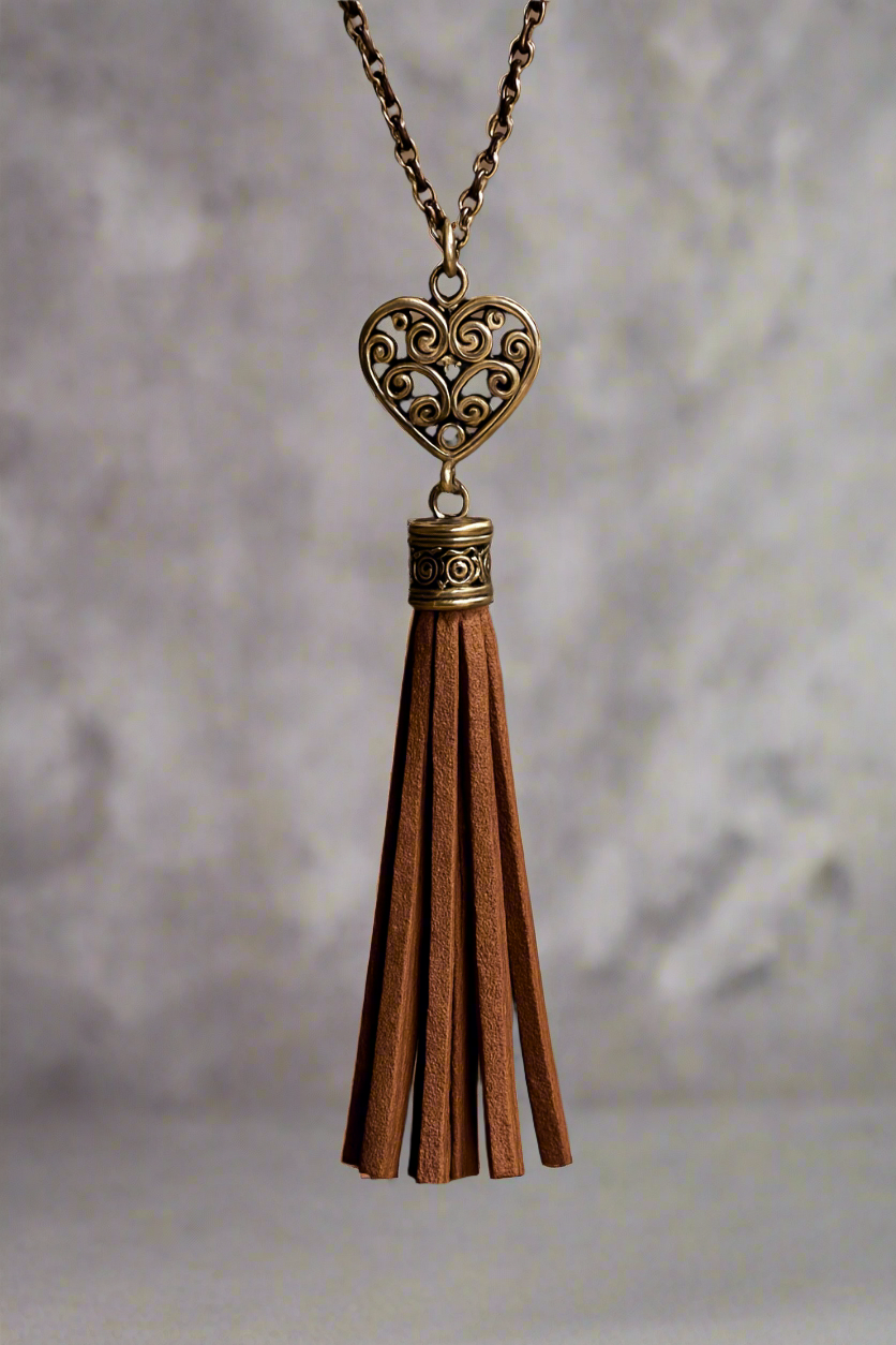 Boho Tassel Pendant Necklace, Rustic Bronze Chain, Suede Fringe