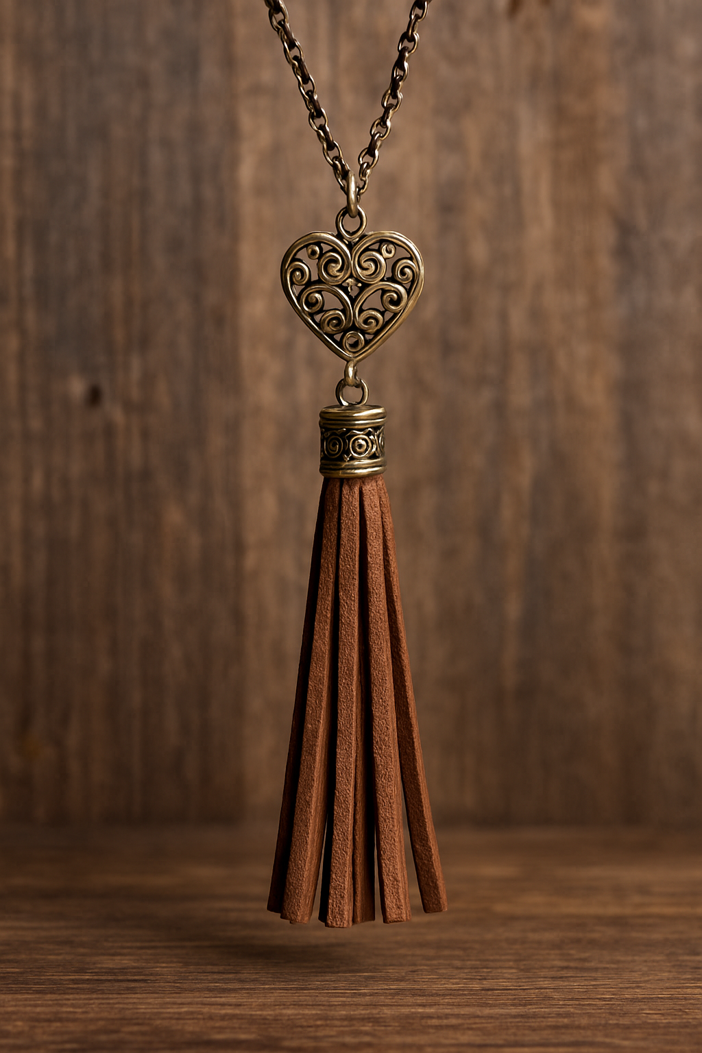 Boho Tassel Pendant Necklace, Rustic Bronze Chain, Suede Fringe