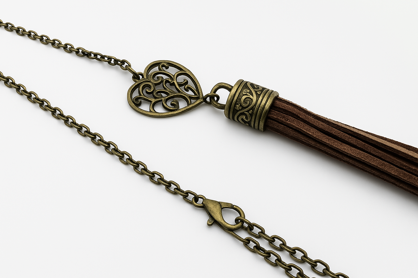 Boho Tassel Pendant Necklace, Rustic Bronze Chain, Suede Fringe