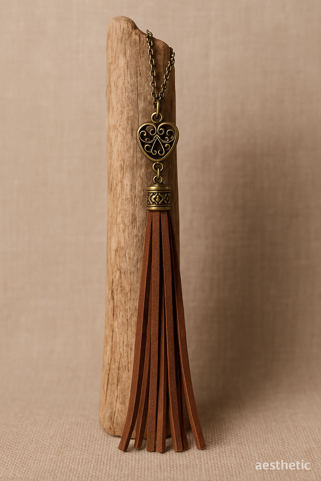 Boho Tassel Pendant Necklace, Rustic Bronze Chain, Suede Fringe