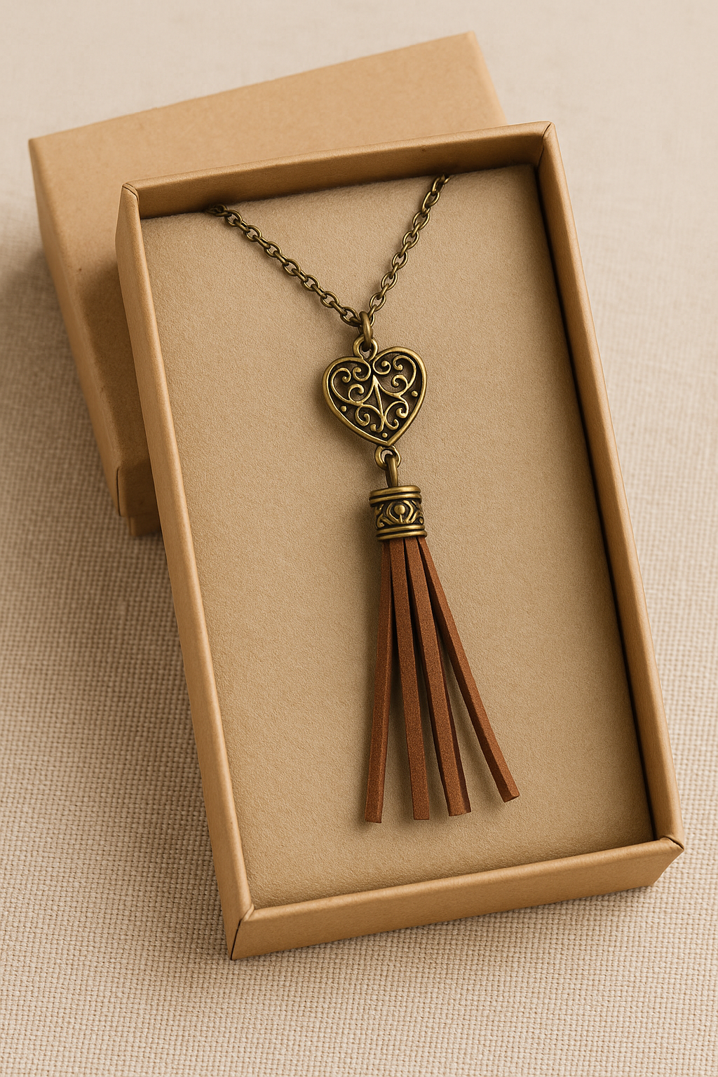 Boho Tassel Pendant Necklace, Rustic Bronze Chain, Suede Fringe