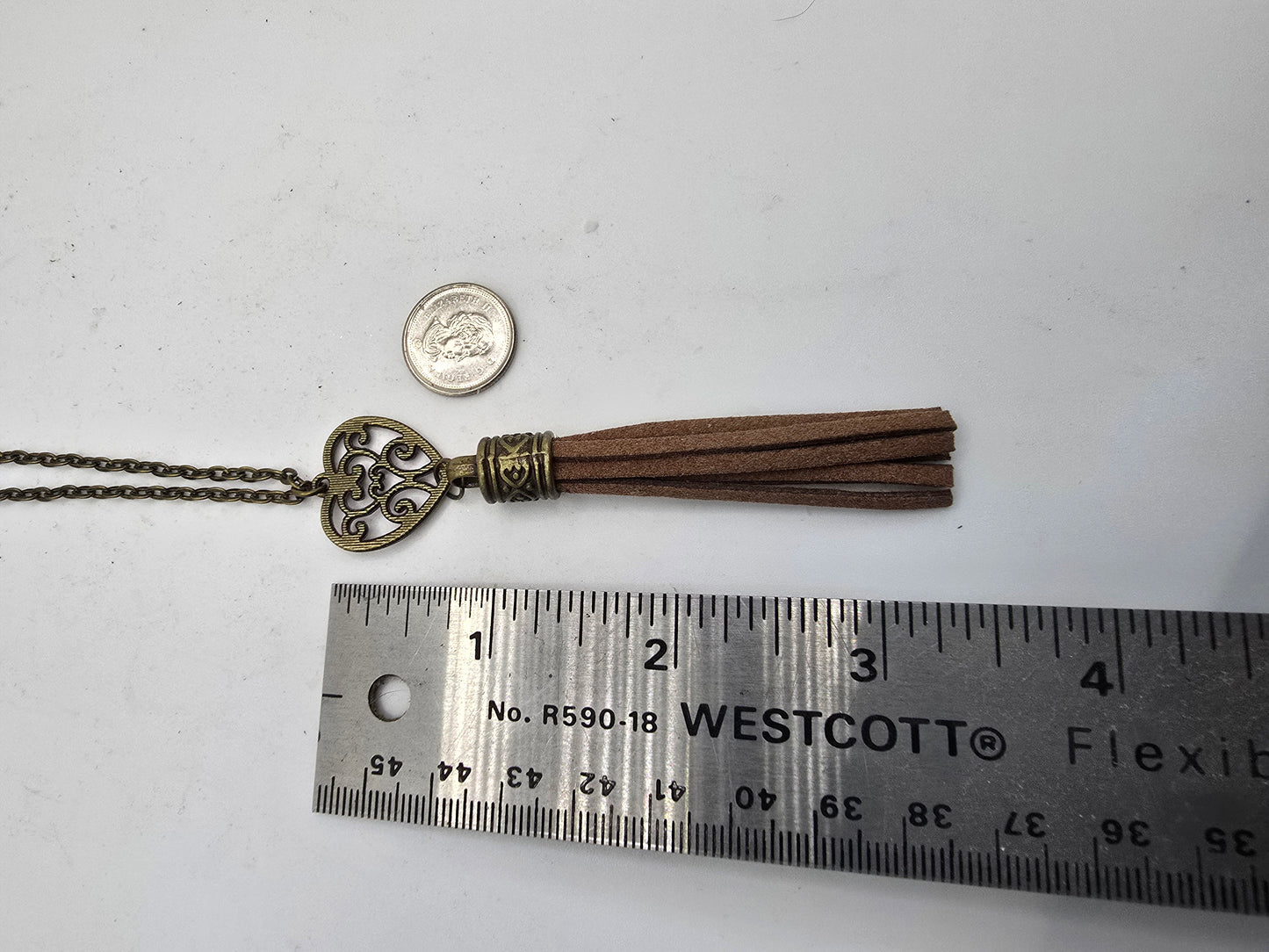 Boho Tassel Pendant Necklace, Rustic Bronze Chain, Suede Fringe